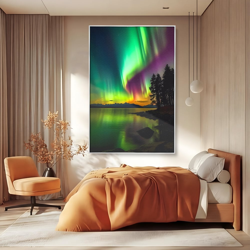 Tablou canvas cu tablou vertical cu aurora boreala pe lac, in rama de aluminiu argintiu, pe perete intr-un dormitor
